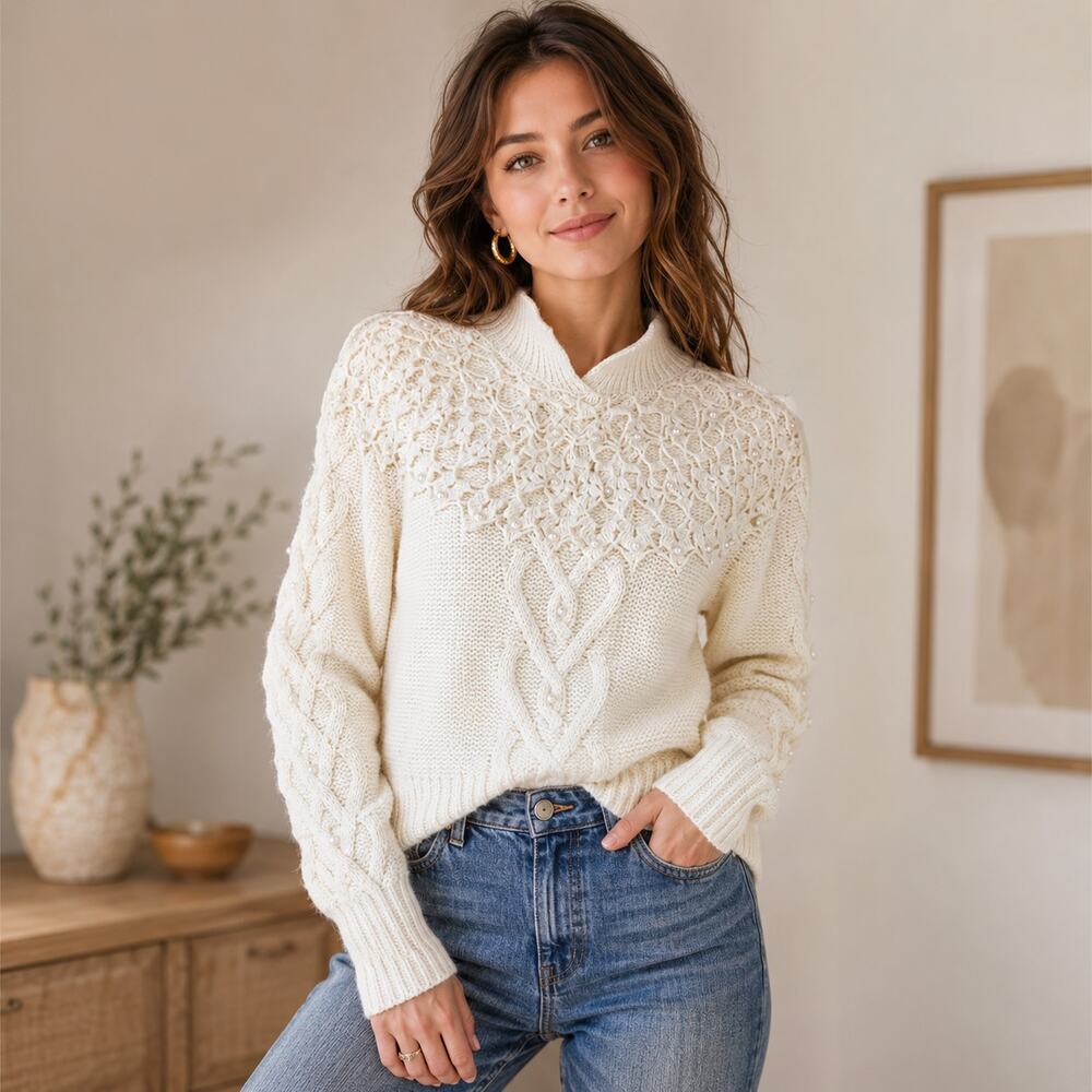 Sarah Taylor Collection VTG SZ M Cable Knit Cream Sweater Crochet Pearls 80's